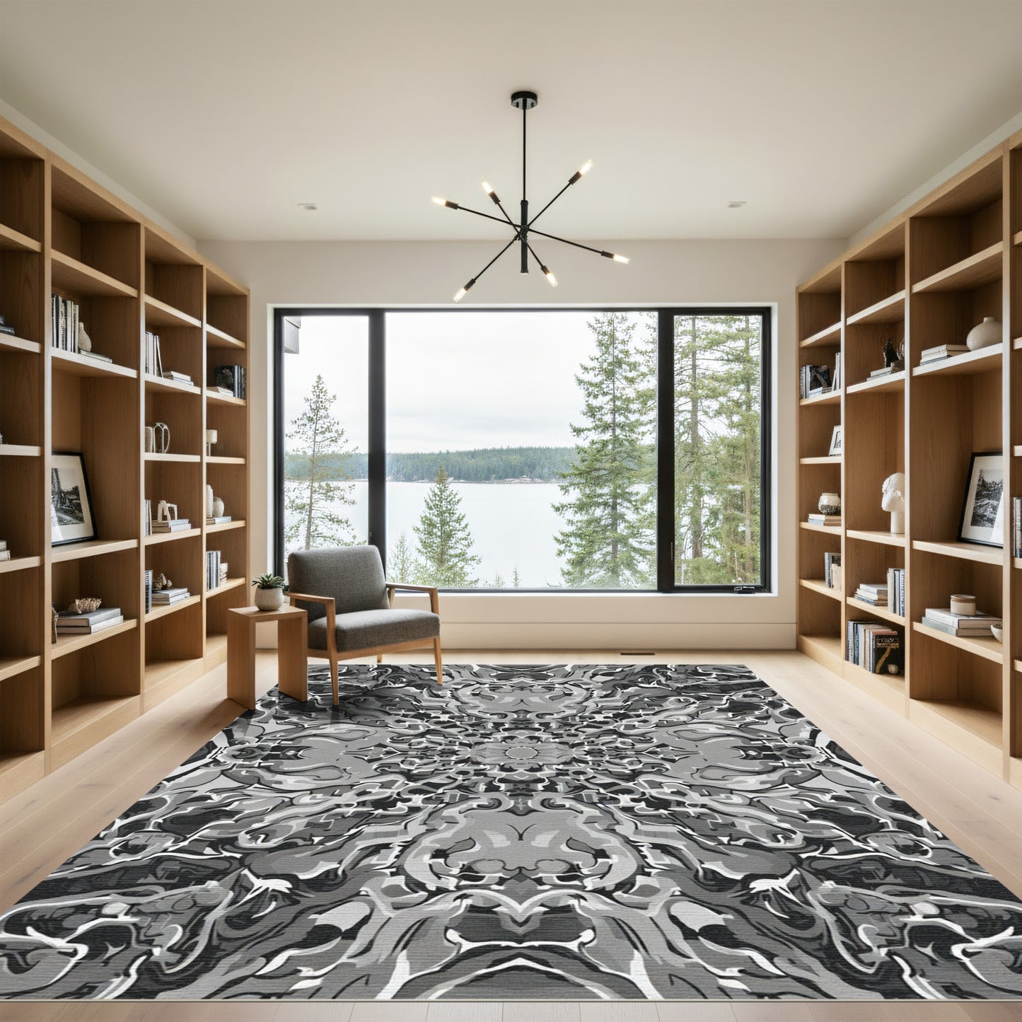 Monochromatic Chaotic Swirl Kaleidoscope Rug