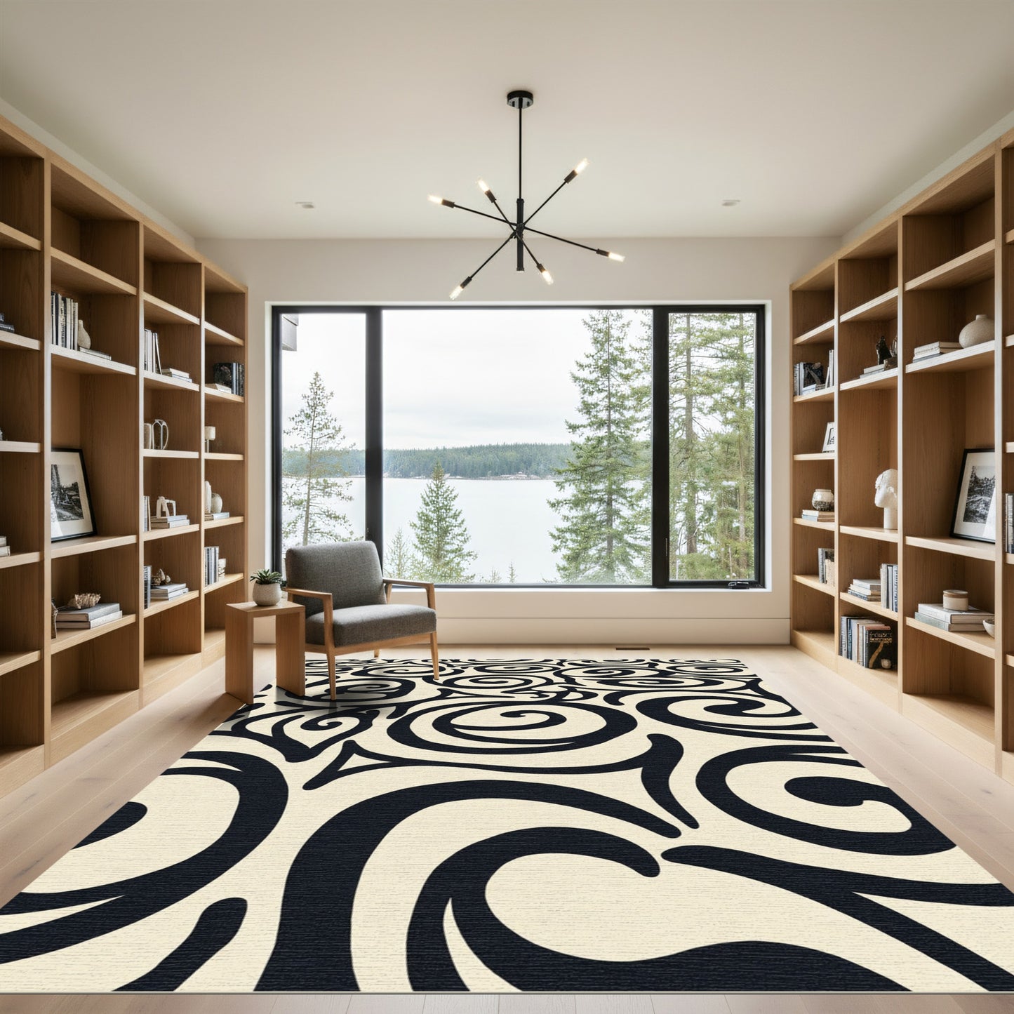 Elegant Cream Black Swirl Ornament Rug
