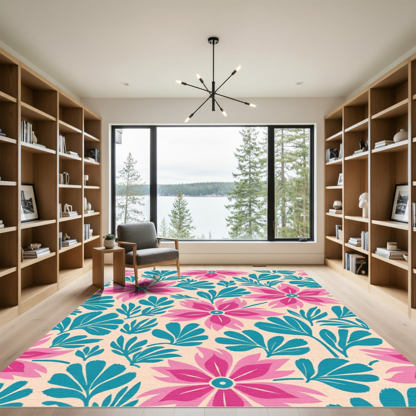 Bright Pink Teal Floral Foliage Rug