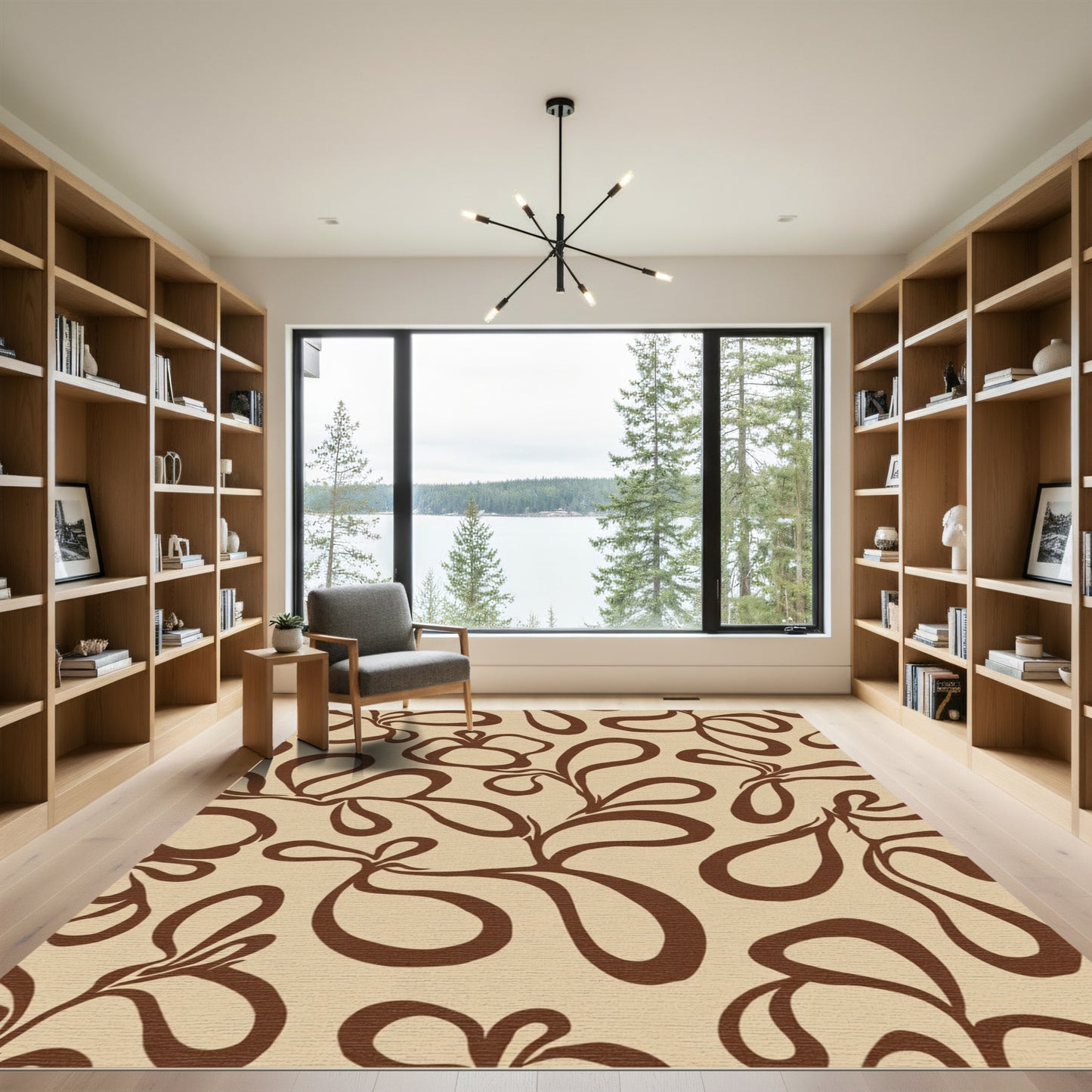 Rustic Brown Curvy Floral Swirl Rug