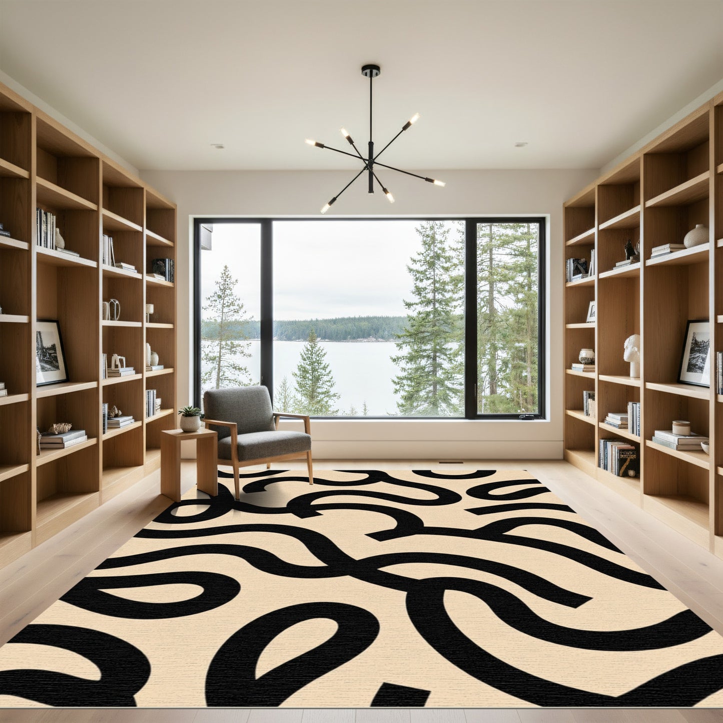 Black Wavy Lines Abstract Cream Rug