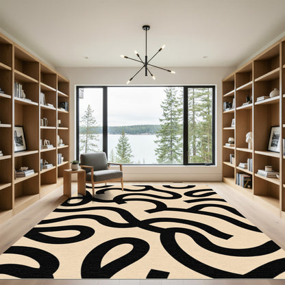 Black Wavy Lines Abstract Cream Rug