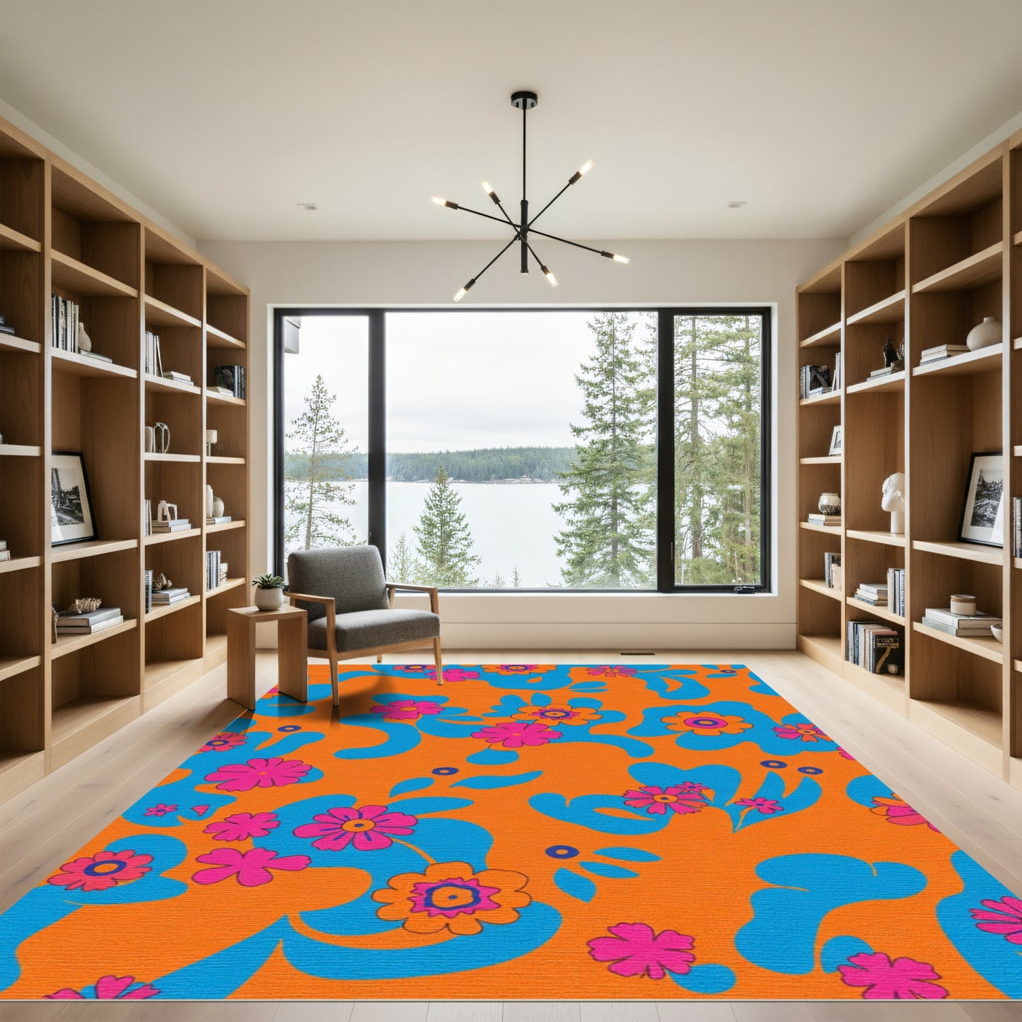 Groovy Floral Abstract Orange Blue Rug