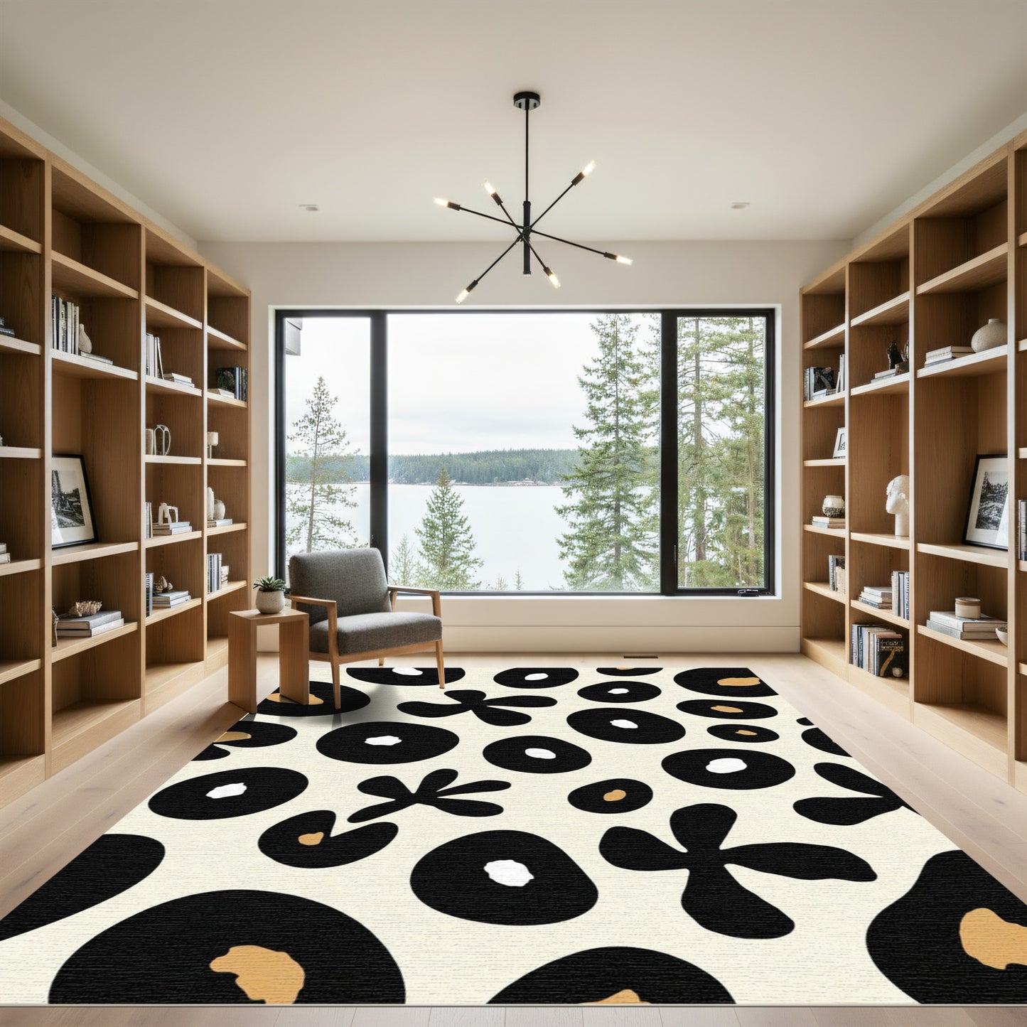 Abstract Black White Gold Organic Shapes Rug