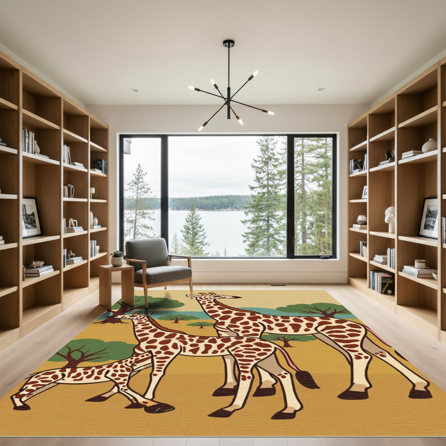 Brown Giraffe Family Safari Scene Rug