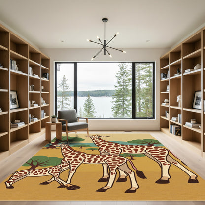 Brown Giraffe Family Safari Scene Rug