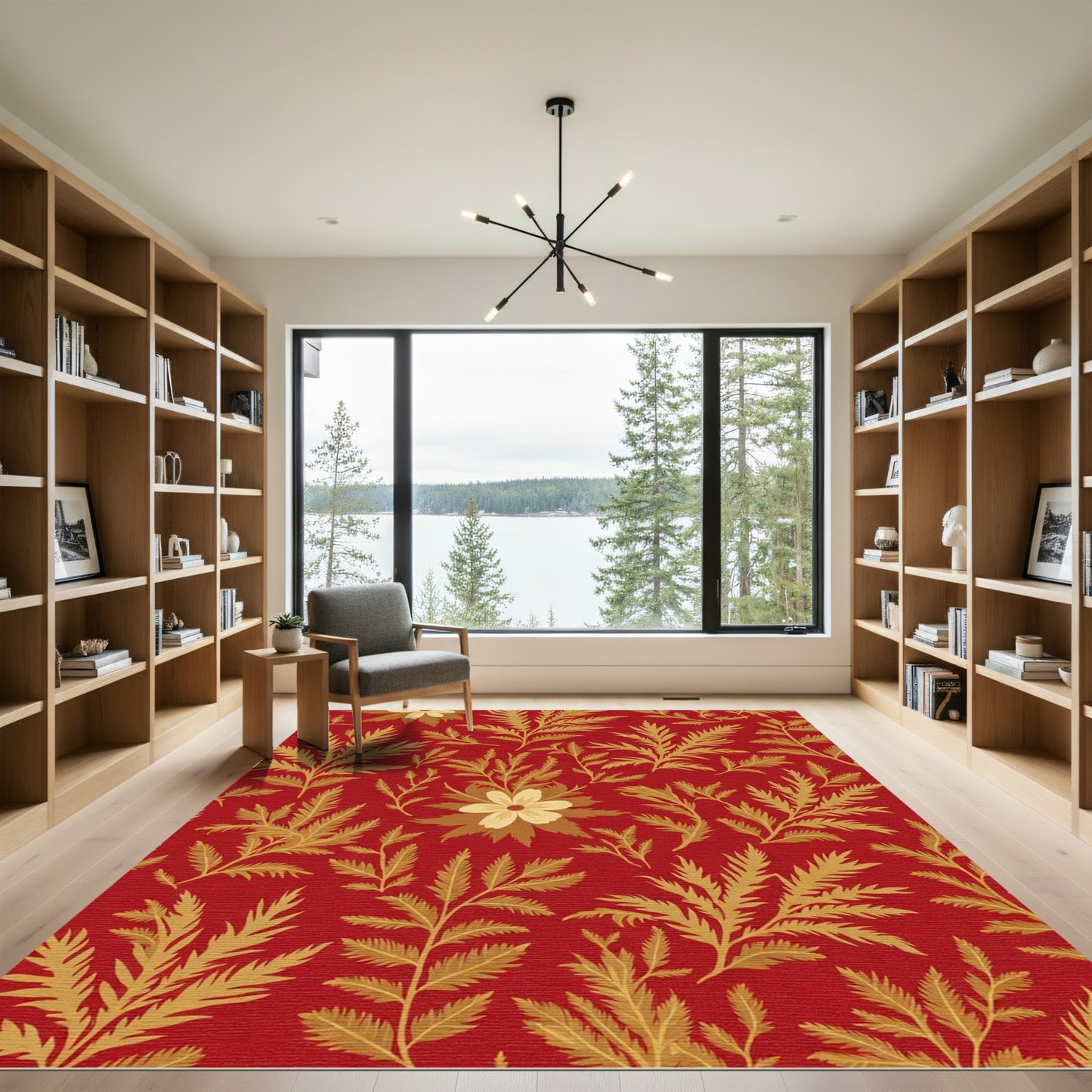 Crimson Floral Fern Branch Rug