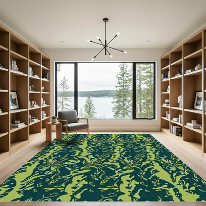 Dark Teal Green Abstract Floral Rug