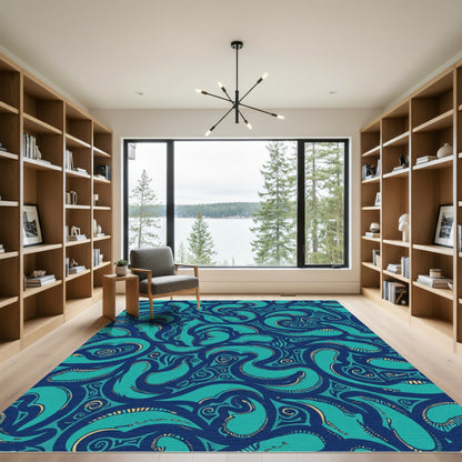 Vibrant Teal Flowing Swirls Composed Rug