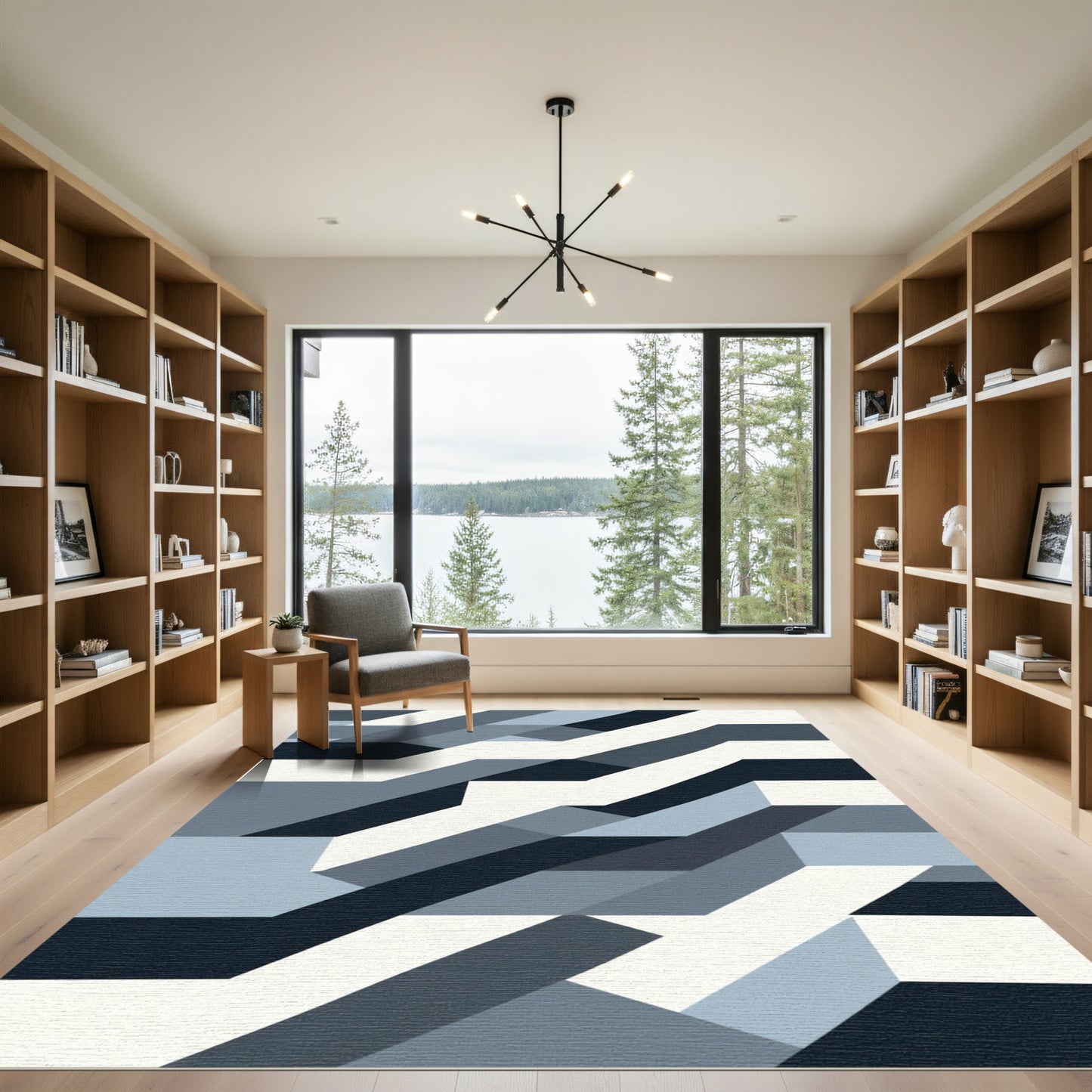 Abstract Geometric Blues with White Rug