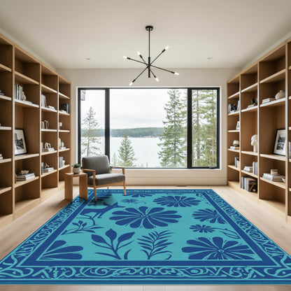 Deep Teal Floral Deer Border Rug