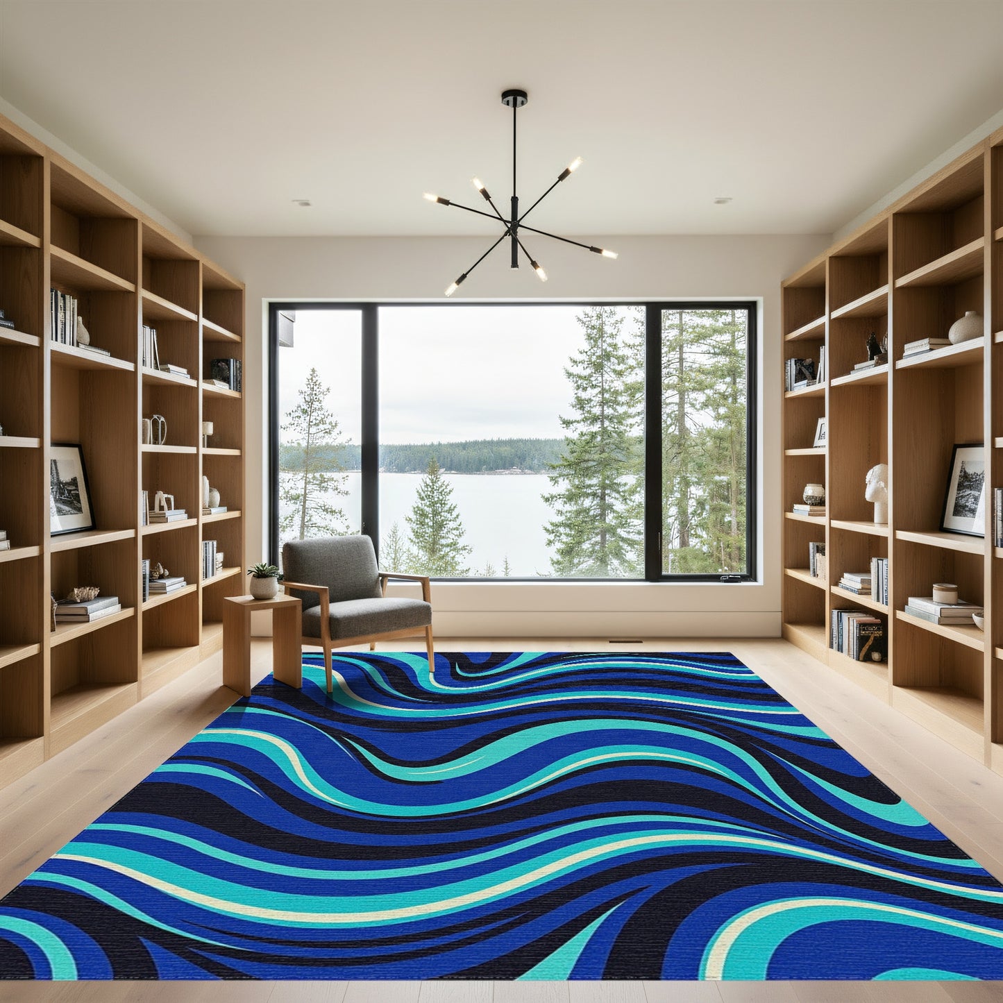 Navy Teal Wavy Abstract Rug