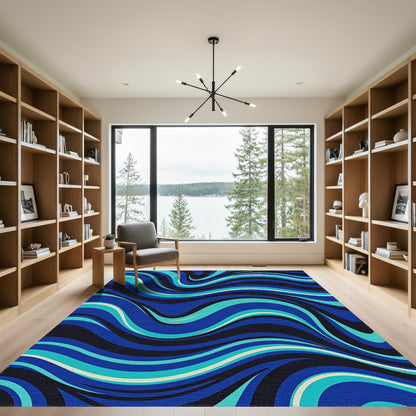 Navy Teal Wavy Abstract Rug