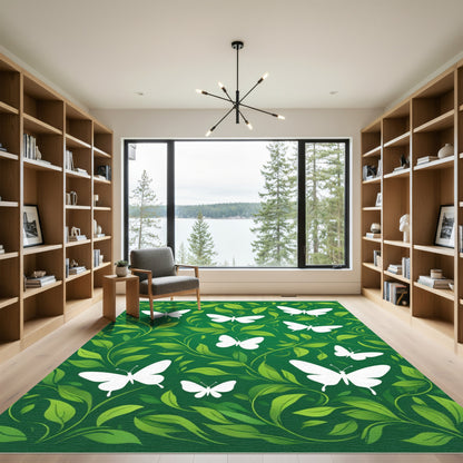 White Butterflies Lush Greenery Swirls Rug