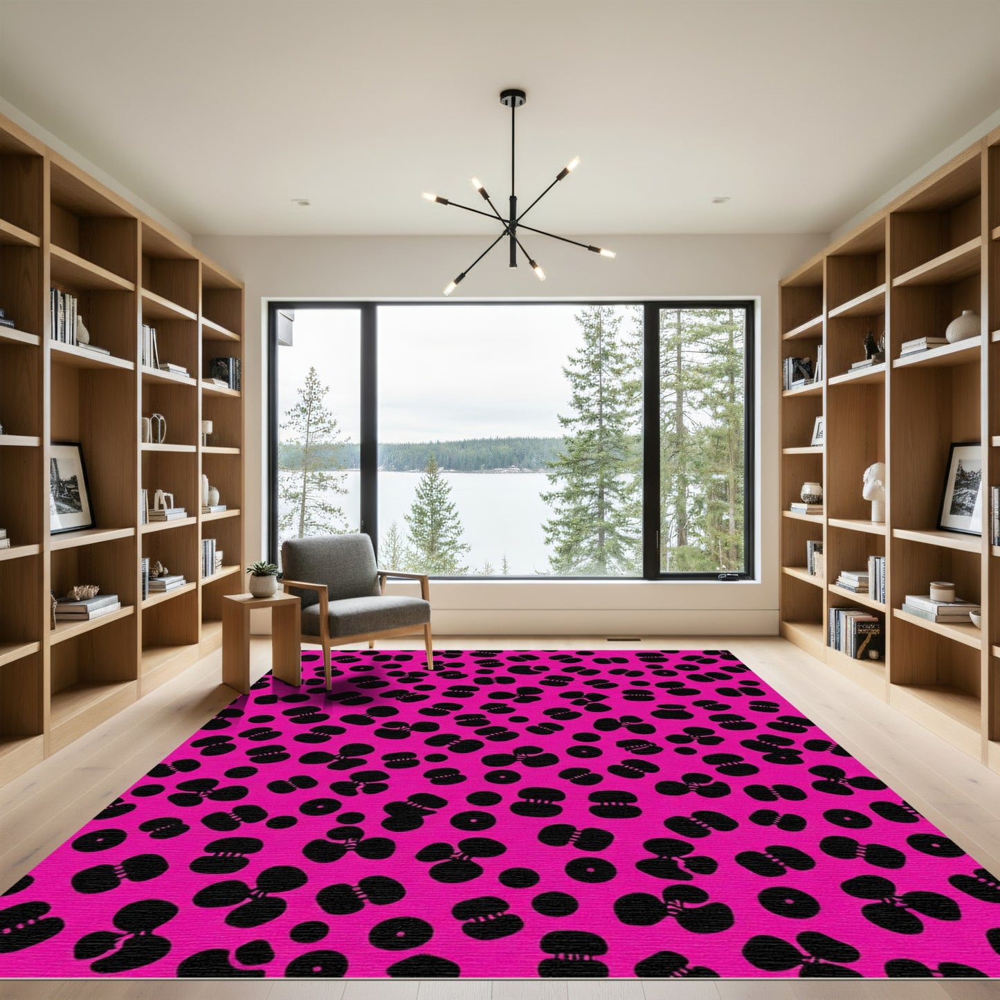 Vivid Pink Black Abstract Bloom Texture Rug