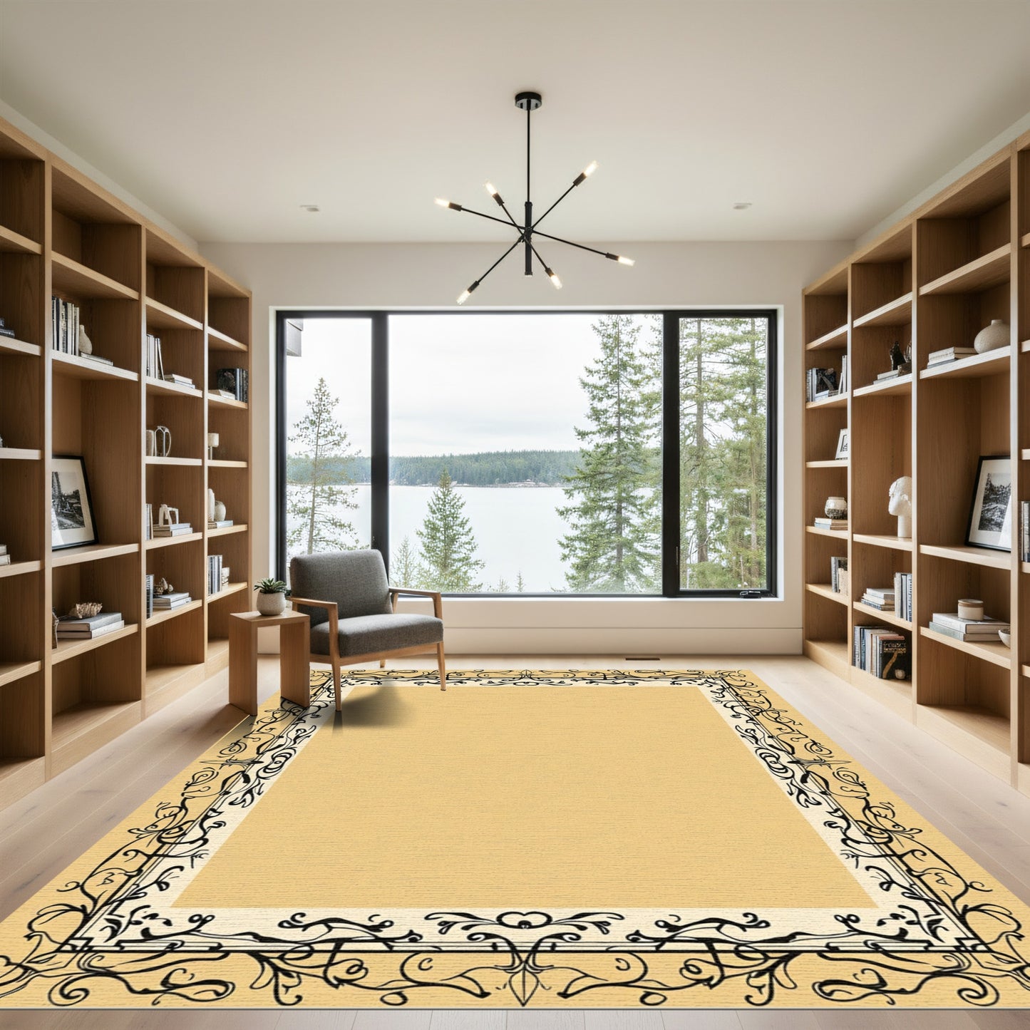 Cream Brown Ornate Vine Border Rug
