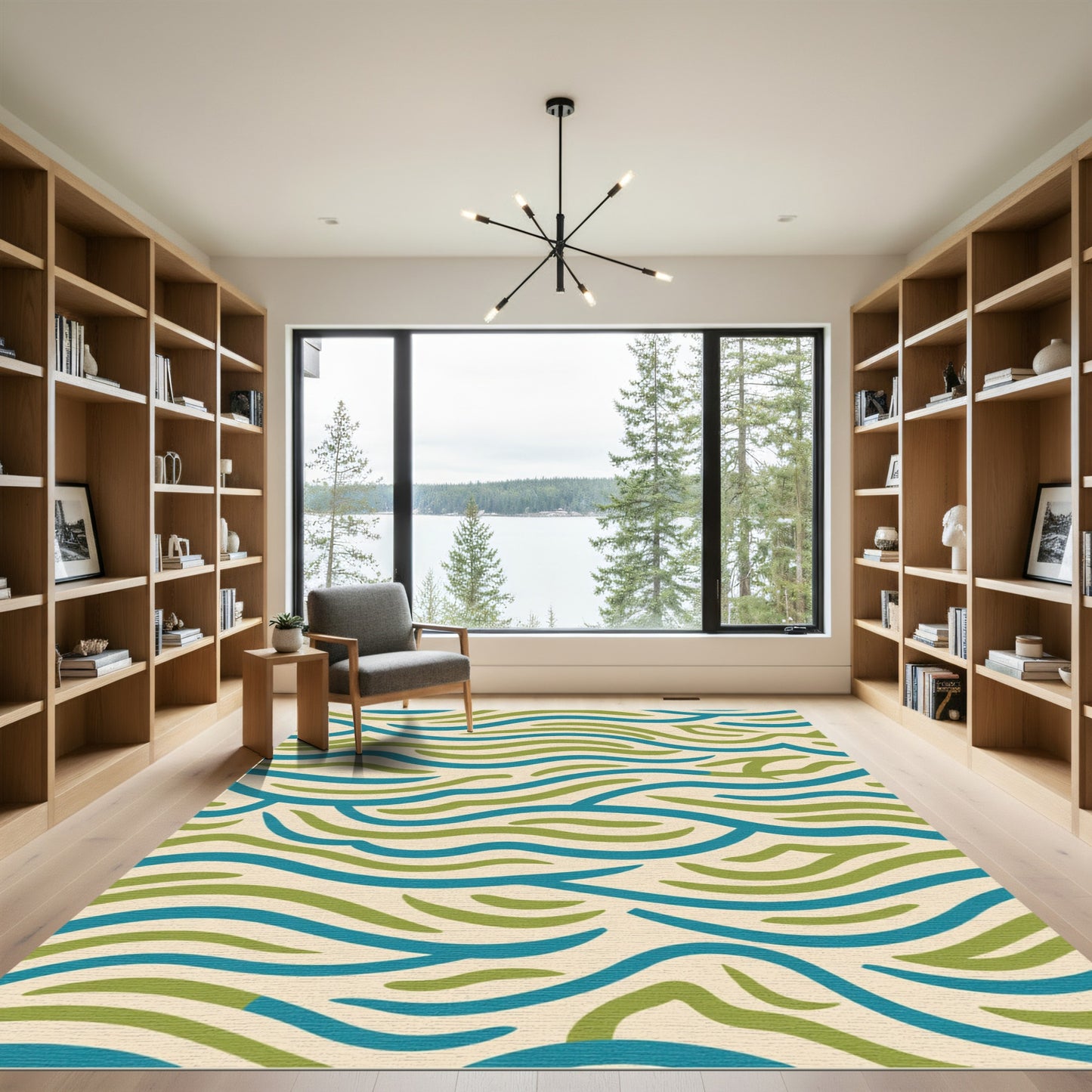 Beige Blue Green Wavy Lines Rug