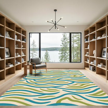 Beige Blue Green Wavy Lines Rug