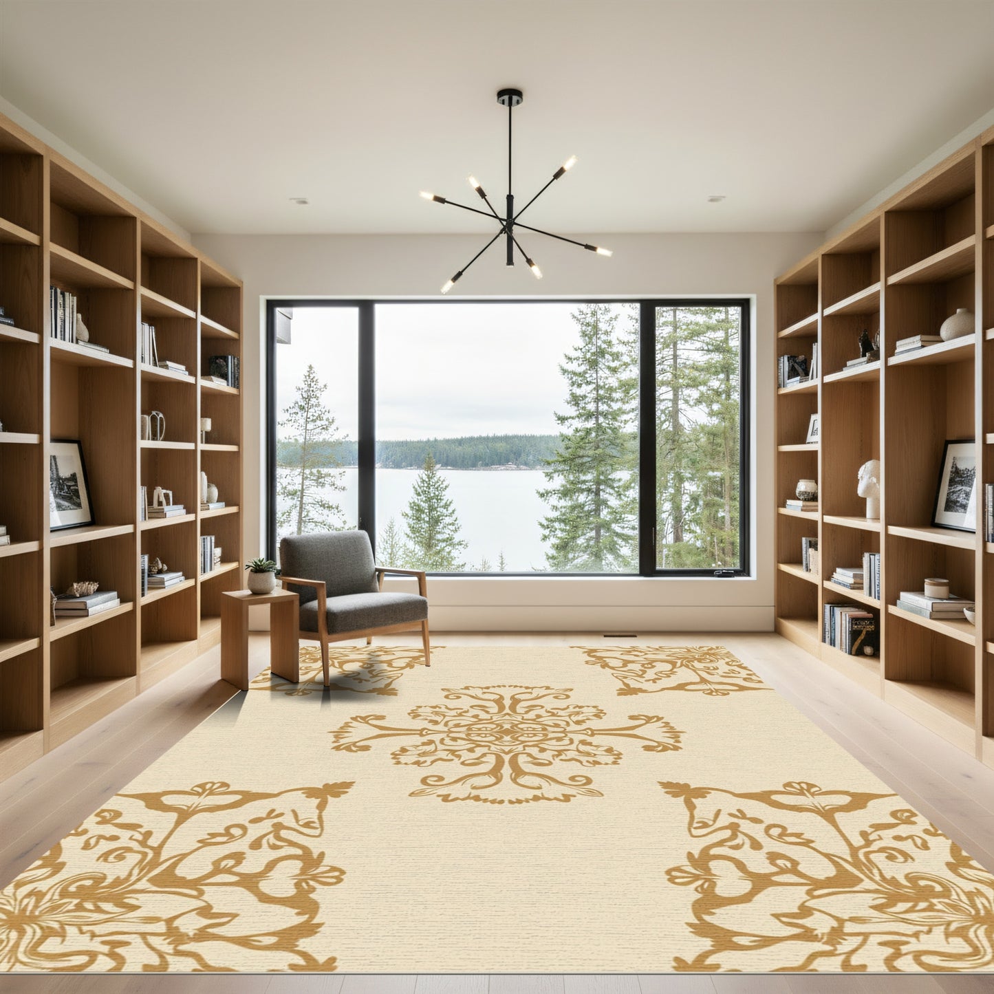 Gold Floral Ornament on Cream Rug