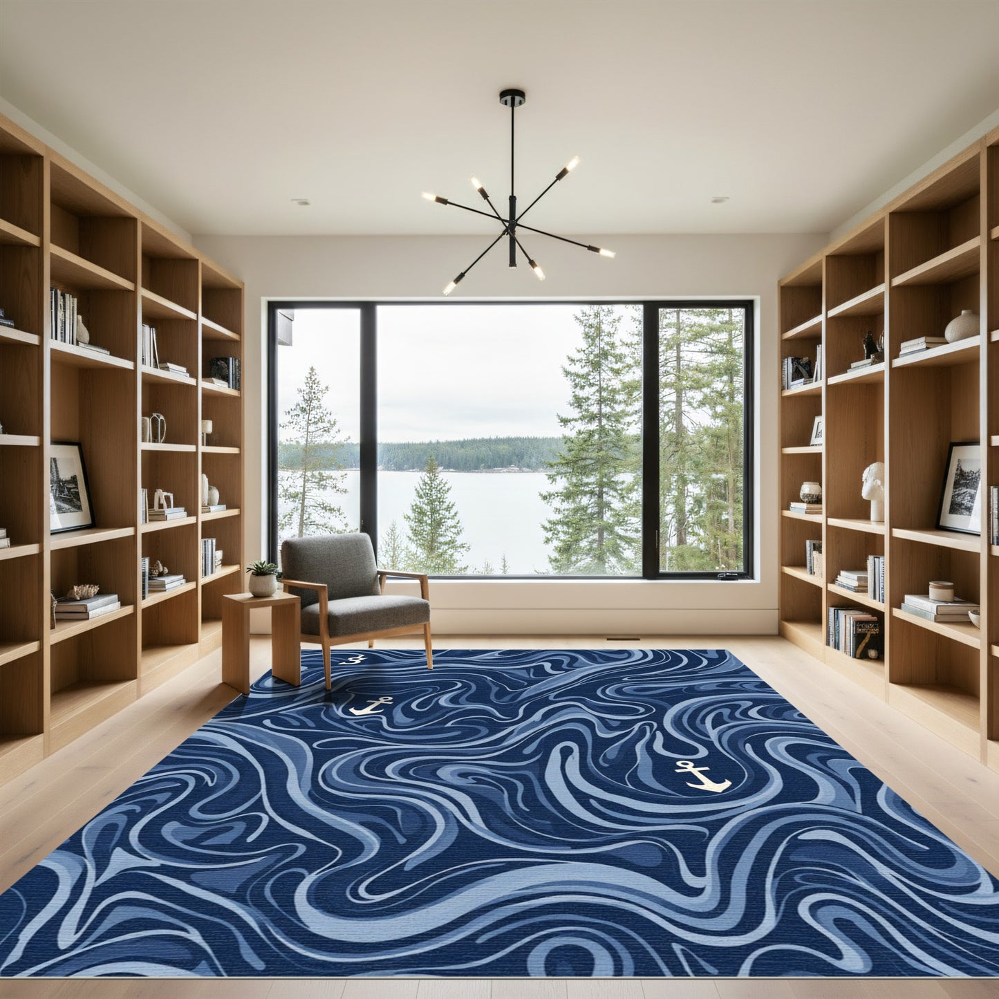 Navy Blue Marble Wave Anchor Rug