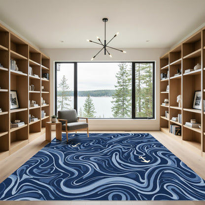 Navy Blue Marble Wave Anchor Rug