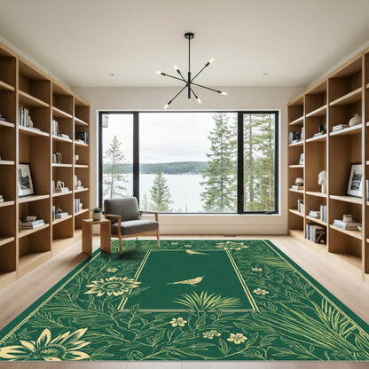 Emerald Green Bird Floral Border Rug