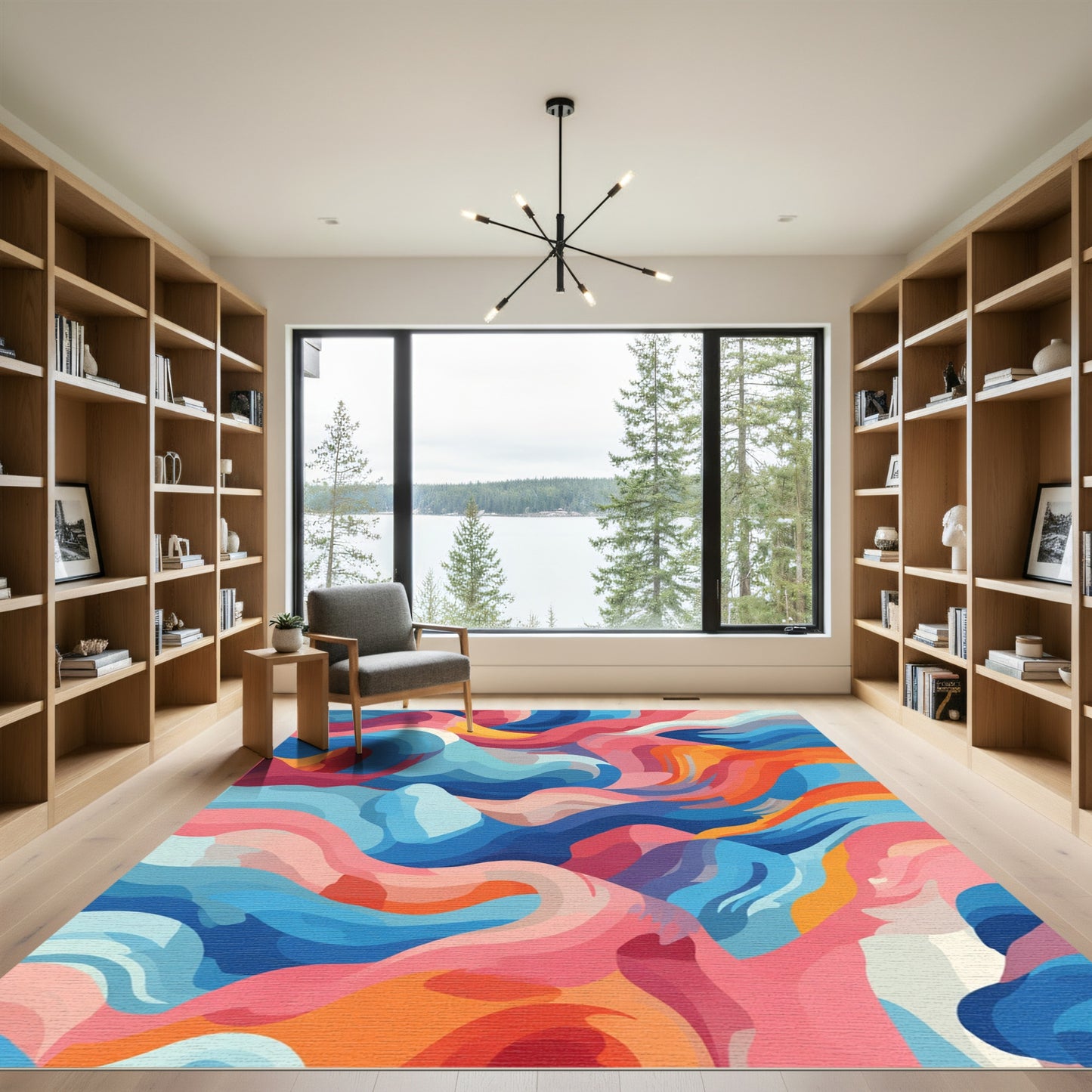 Vibrant Abstract Swirls Coral Blue Rug