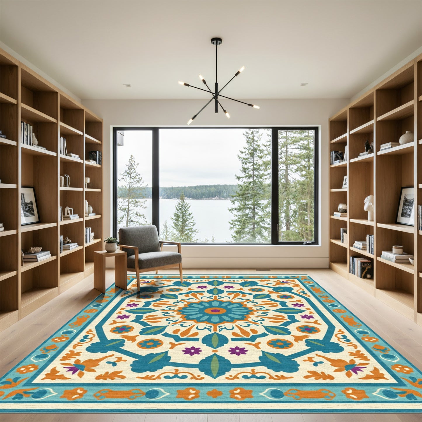 Turquoise Orange Floral Medallion Rug