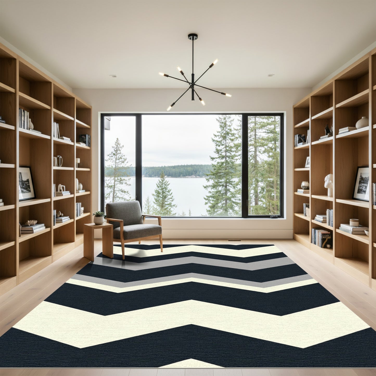 Modern Dark Gray Cream Chevron Rug