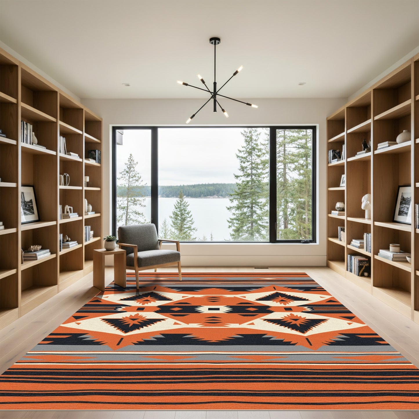 Geometric Orange Black Cream Navajo Rug