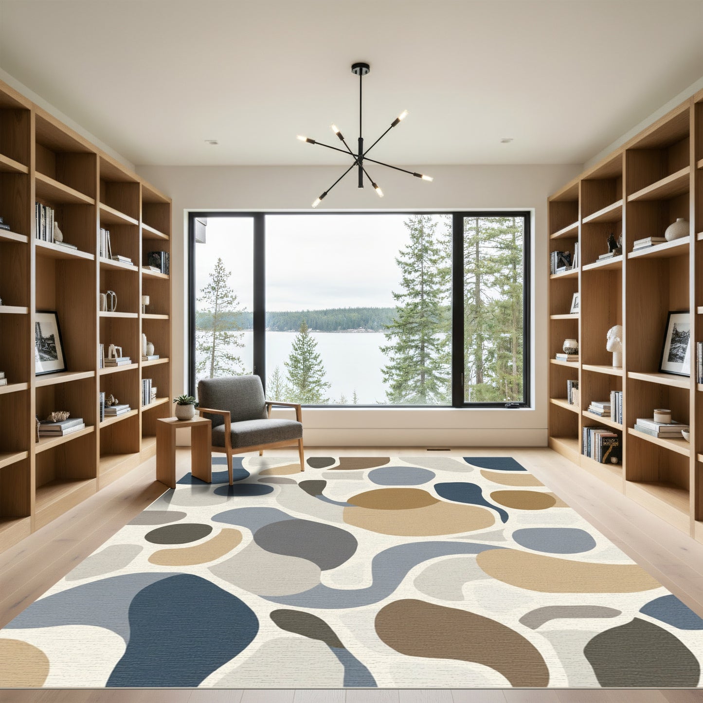 Abstract Tan Blue Gray Shapes Rug