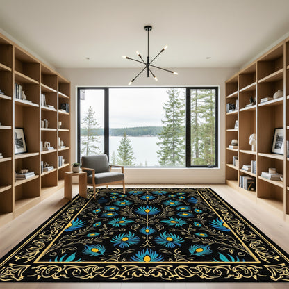 Black Golden Floral Peacock Feather Rug