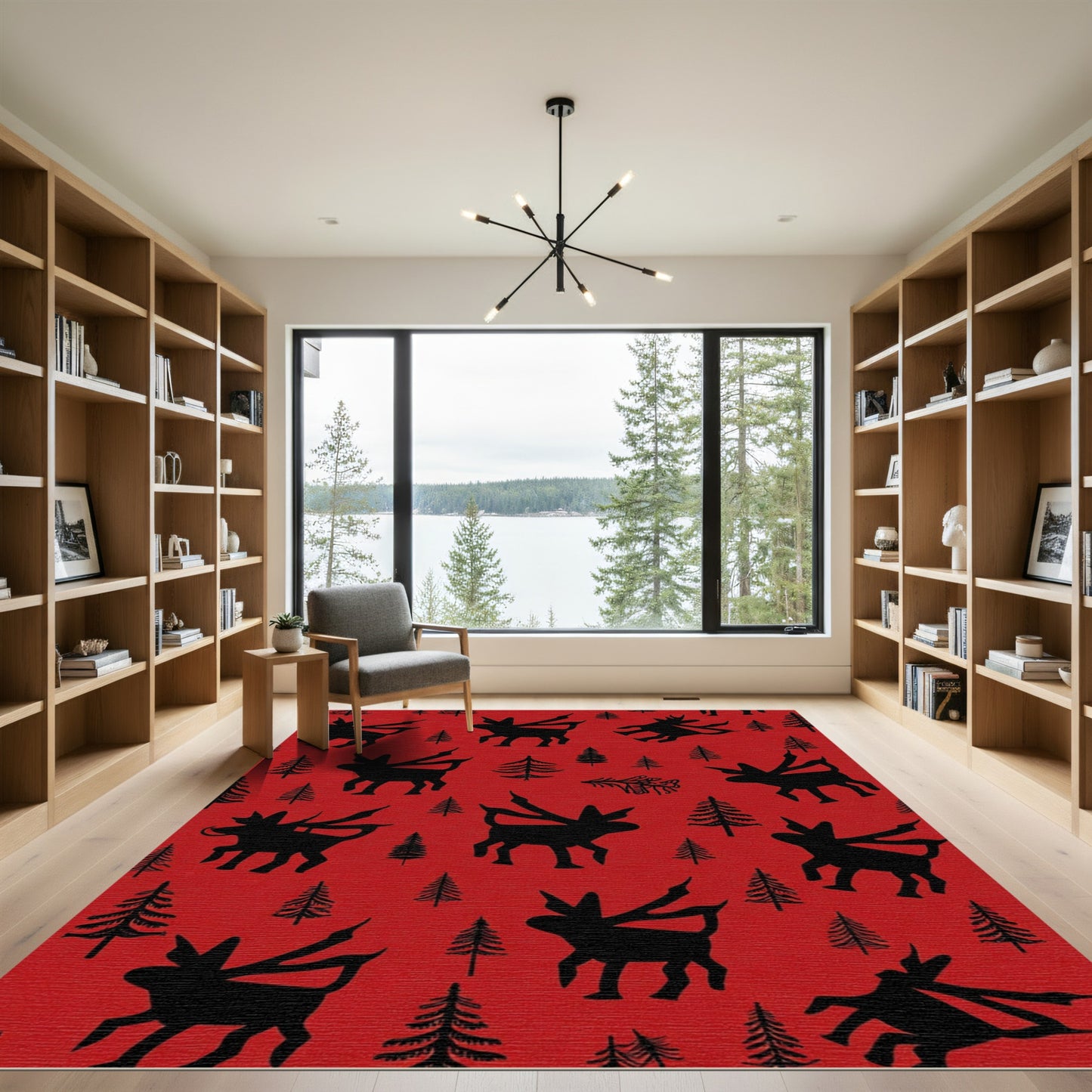 Bold Black Creatures Red Forest Rug