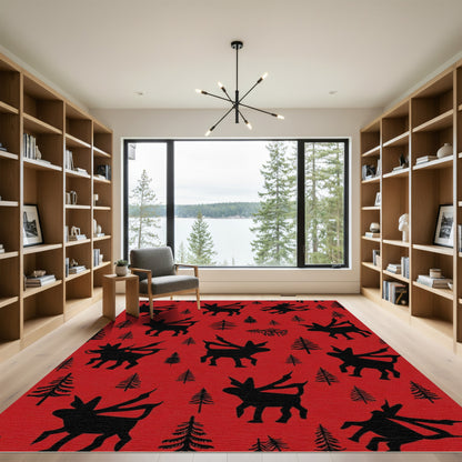 Bold Black Creatures Red Forest Rug