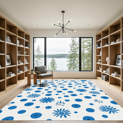 Whimsical Blue Flower Dot Composition Rug