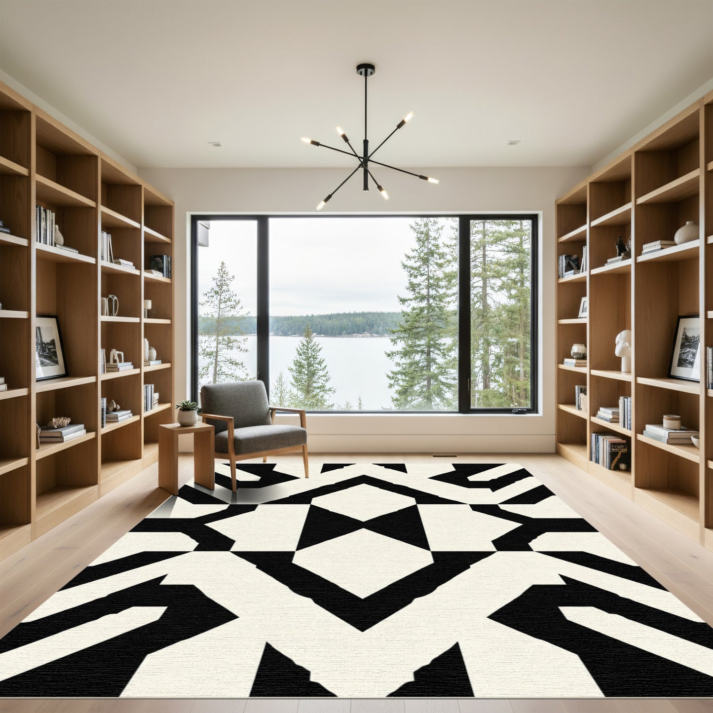 Bold Black Cream Geometric Overlay Rug