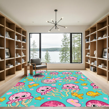 Pink Jellyfish and Goldfish Aquatic Whimsy Rug