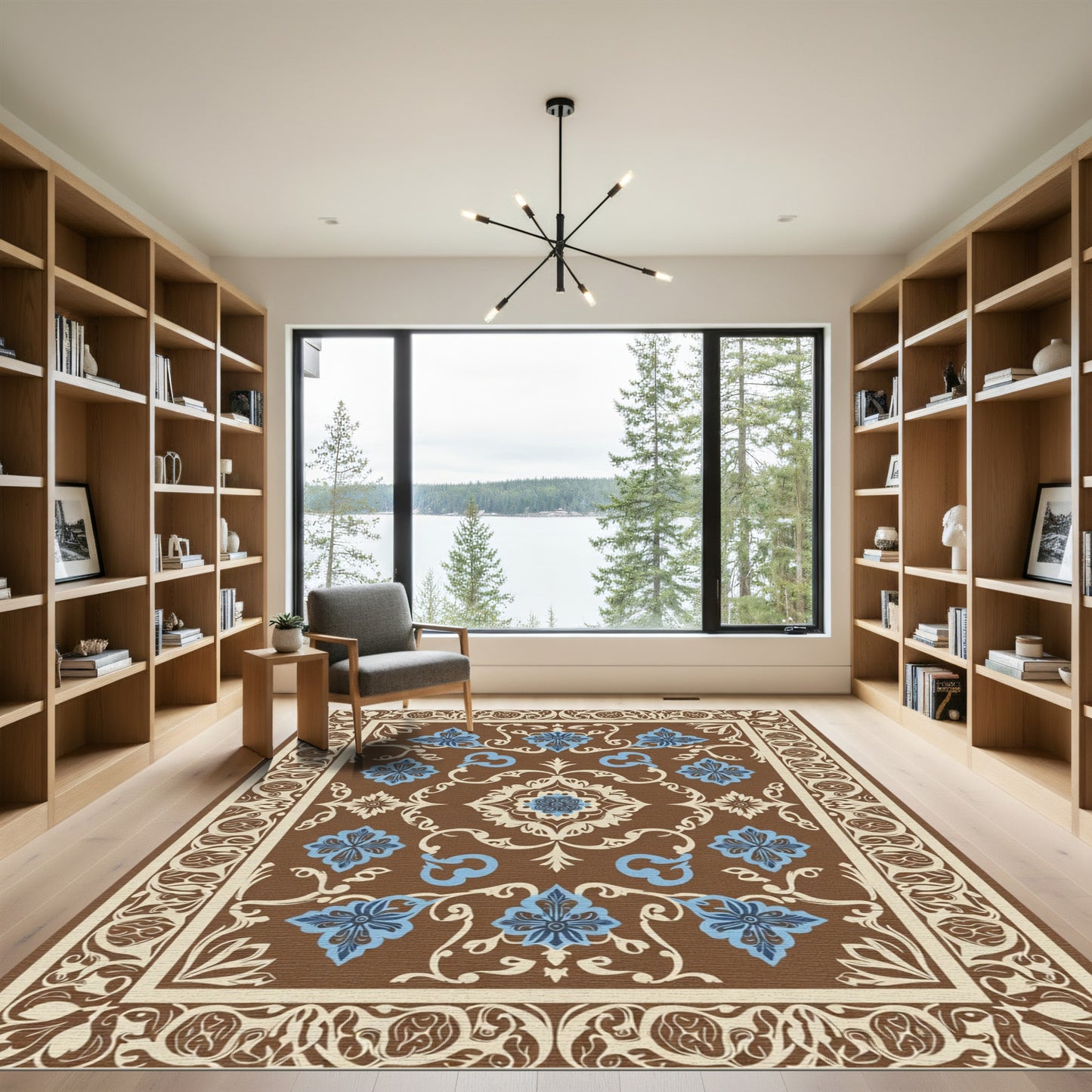 Brown Cream Blue Floral Medallion Rug
