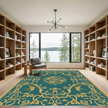 Teal Gold Floral Medallion Filigree Rug
