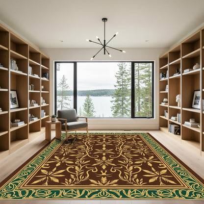 Brown Gold Symmetrical Botanical Border Rug