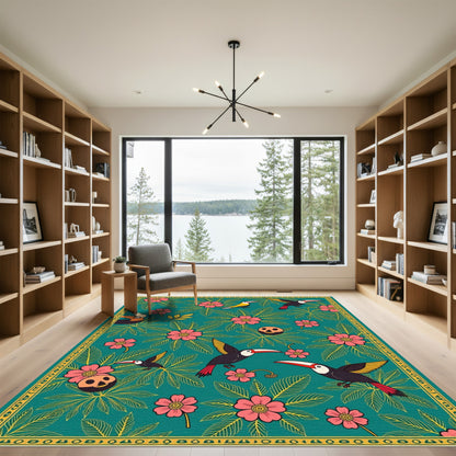 Emerald Green Toucan Floral Scene Rug