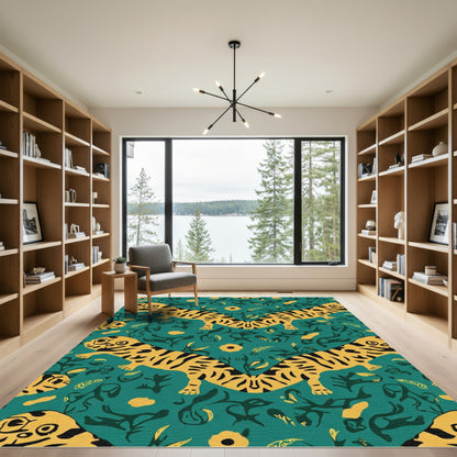 Whimsical Yellow Tiger Jungle Pattern Rug