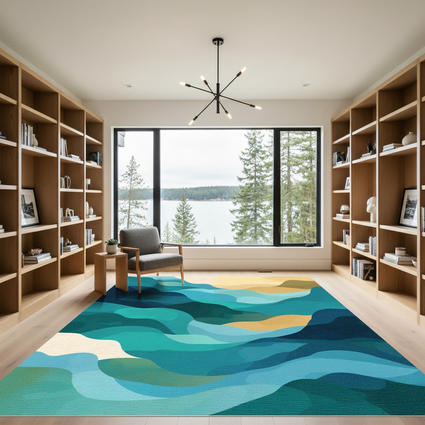 Abstract Teal Gold Flowing Waves Rug