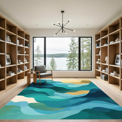 Abstract Teal Gold Flowing Waves Rug