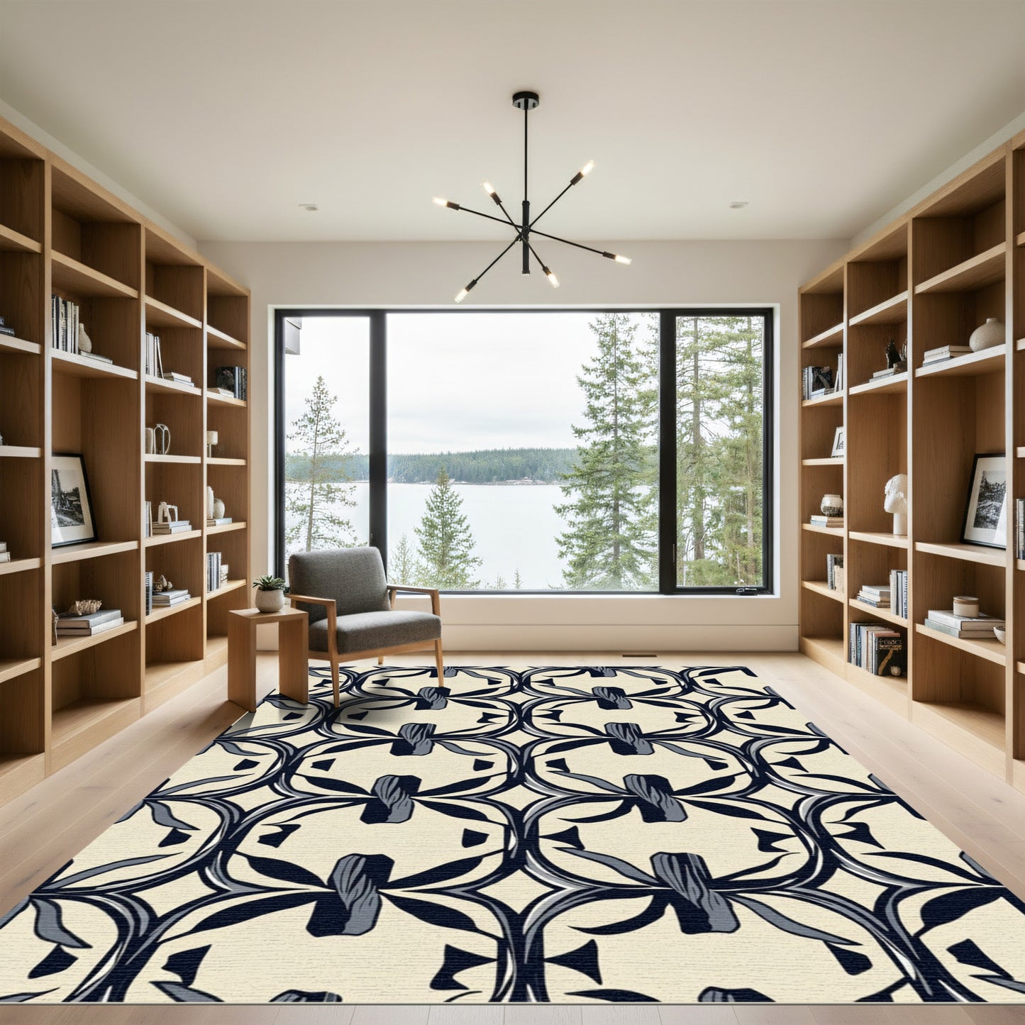 Cream Navy Art Nouveau Botanical Rug
