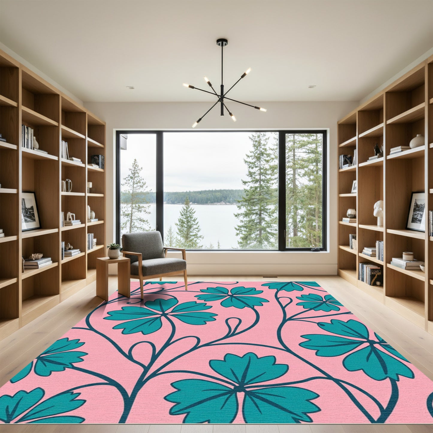 Teal Leaf Vine On Pink Background Rug