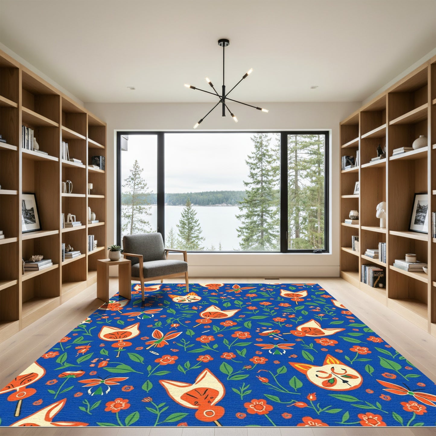 Whimsical Blue Orange Cat Floral Garden Rug