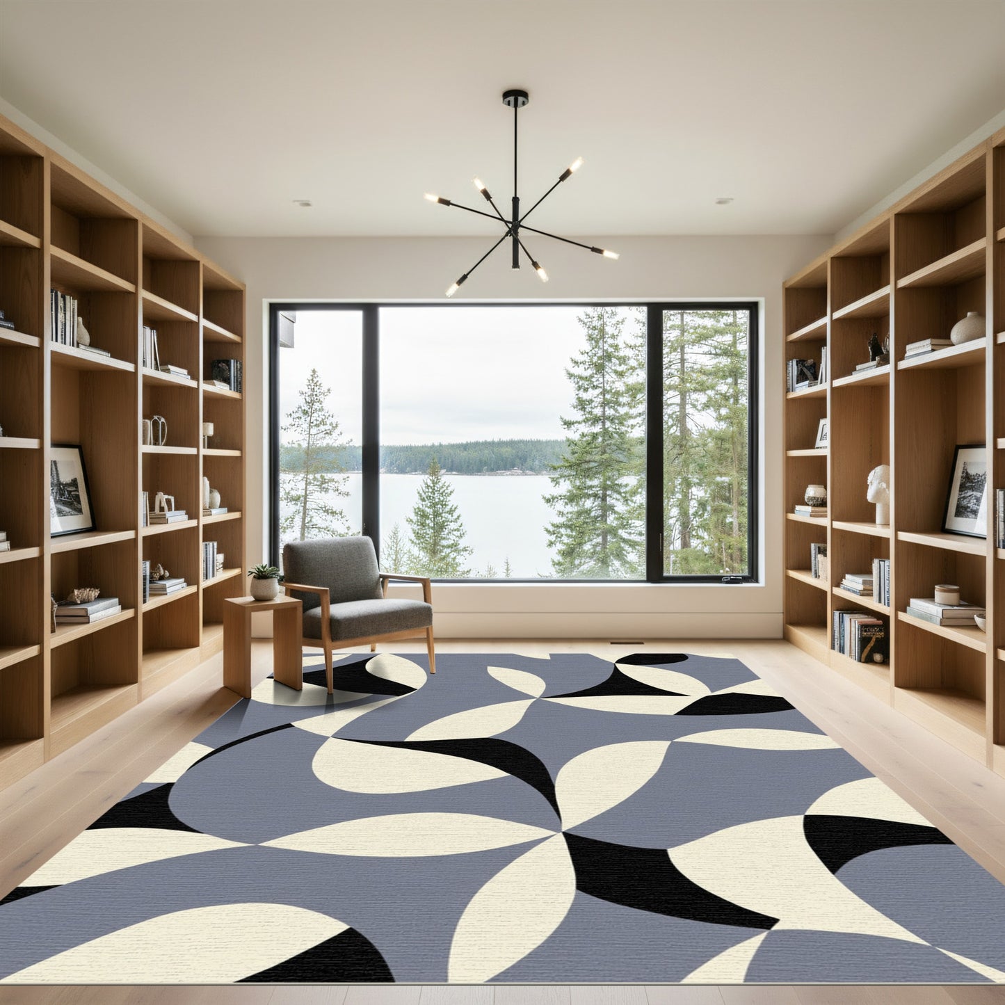 Soft Blue Curving Abstract Composition Rug