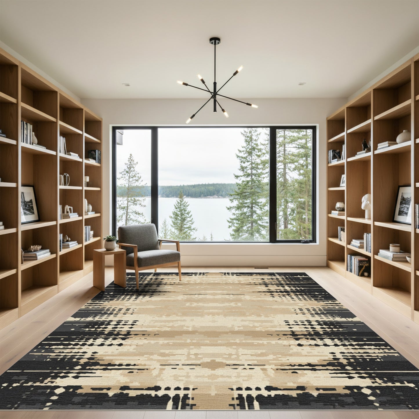 Distressed Black Tan Horizontal Stripe Rug