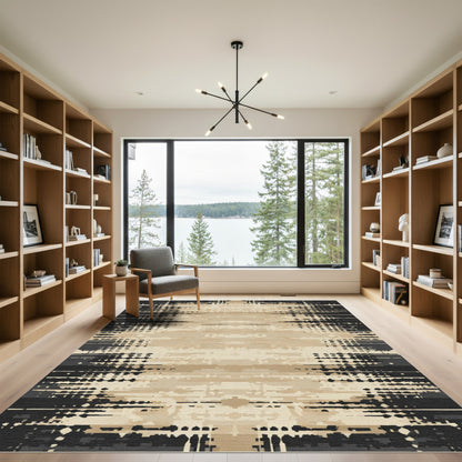 Distressed Black Tan Horizontal Stripe Rug